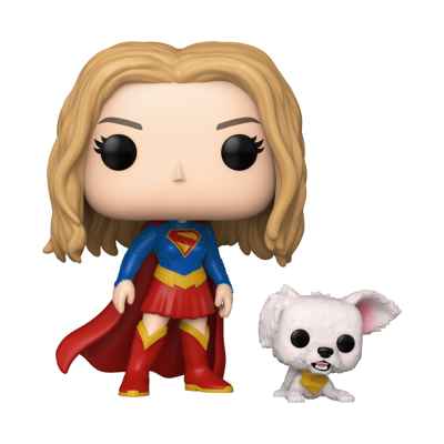 Boneco Funko Pop da Supergirl e figura branca de cachorro