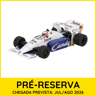 Miniatura de carro de corrida branco e azul com patrocínios e texto PRÉ-RESERVA