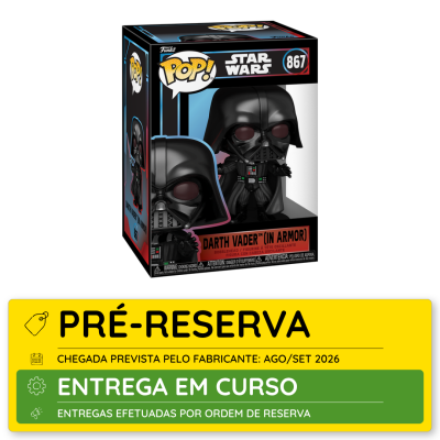 Figura Funko Pop! Star Wars Darth Vader na caixa com informações de pré-reserva e entrega em curso.