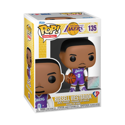 Figura Funko Pop! de Russell Westbrook dos Los Angeles Lakers com uniforme e bola, em embalagem