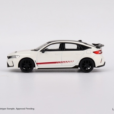 Miniatura de carro desportivo branco com detalhes vermelhos e pretos