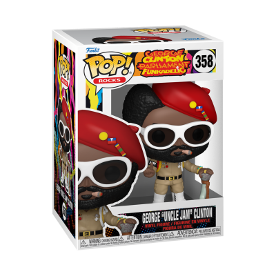 Boneco Funko Pop! George 'Uncle Jam' Clinton com roupa bege e boina vermelha na caixa