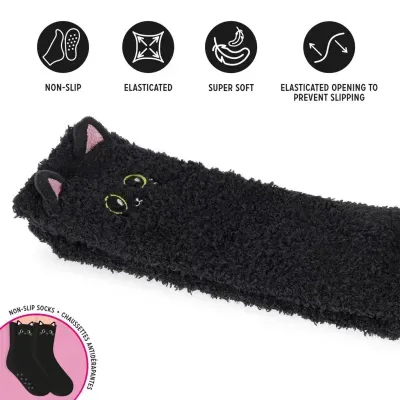 Meias pretas felpudas com desenho de gato e sola antiderrapante