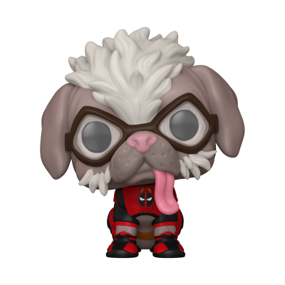 Figura colecionável de cão com fato Deadpool vermelho e preto e óculos