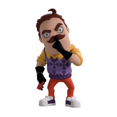 Figura de vinil com expressão intensa, roupa colorida, segurando chave vermelha e fazendo sinal de silêncio.