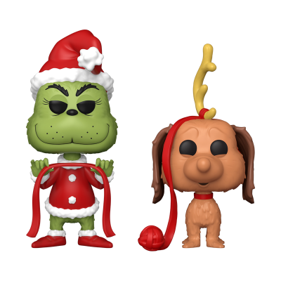 Figura de funko pop do Grinch em traje natalício e cão fantasiado com chifres e lã vermelha.