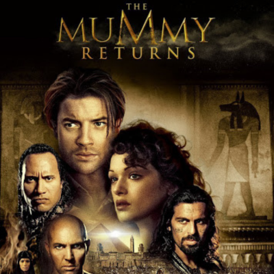 Cartaz do filme THE MUMMY RETURNS com personagens principais e símbolos egípcios