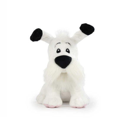 Pelúcia de cão branco com detalhes pretos e cerdas longas na face