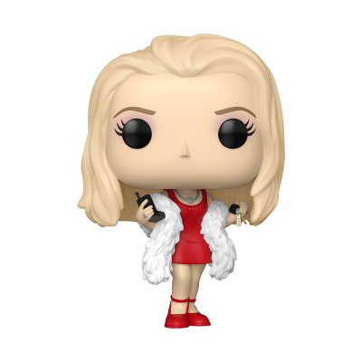 Figura Funko Pop de mulher loira com vestido vermelho e casaco branco peludo