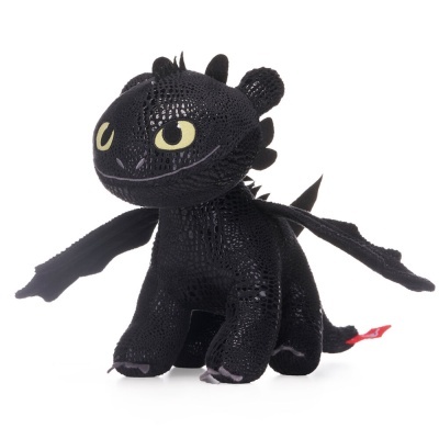Peluche de dragão preto com olhos amarelos e asas estendidas