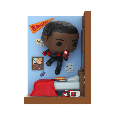 Figura Funko Pop Homem-Aranha com traje negro e vermelho numa parede azul com decoração Brooklyn e cama com cobertor vermelho