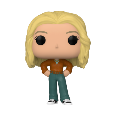 Estatueta Funko Pop com cabelo loiro, camisa castanha, calças verdes e ténis brancos