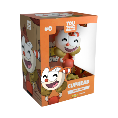 Figura de vinil Cuphead em embalagem laranja com janela transparente