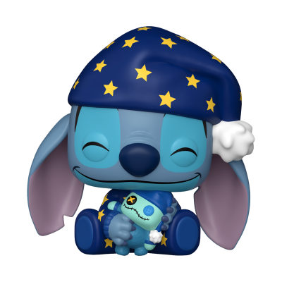 Boneco azul Stitch com gorro azul escuro de estrelas e segurando pequeno boneco azul