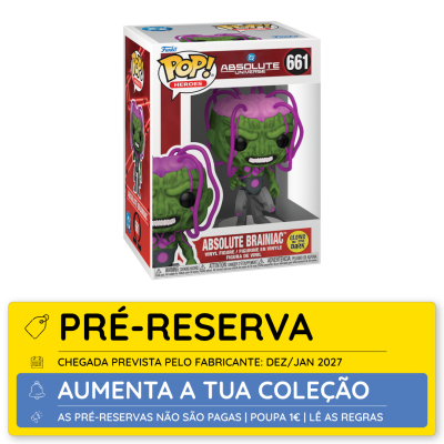 Boneco Funko Pop Absolute Brainiac número 661 em caixa transparente com fundo vermelho e branco