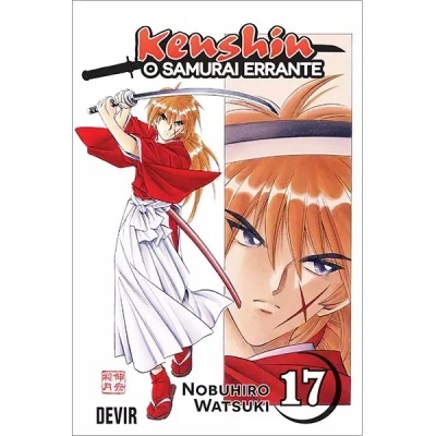 Capa do livro Kenshin O Samurai Errante volume 17 com samurai em roupa vermelha e branca a segurar espada