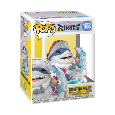 Figura Funko Pop! Marvel Rival 1653 Incognito Dolphin Jeff em caixa amarela e branca