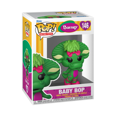 Figura de vinil Baby Bop verde e rosa na caixa Funko Pop! Retro Toys