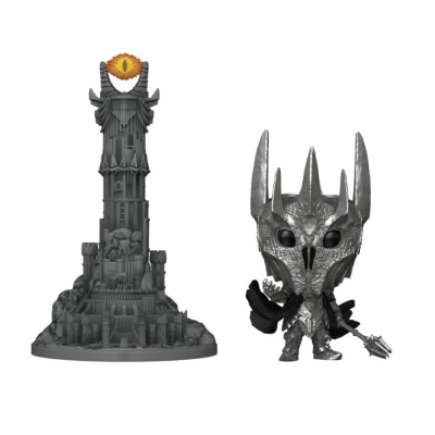 Figura colecionável com armadura metálica e torre cinzenta com olho no topo