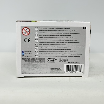Embalagem branca com texto multilingue, logótipo Funko, código de barras e aviso de segurança