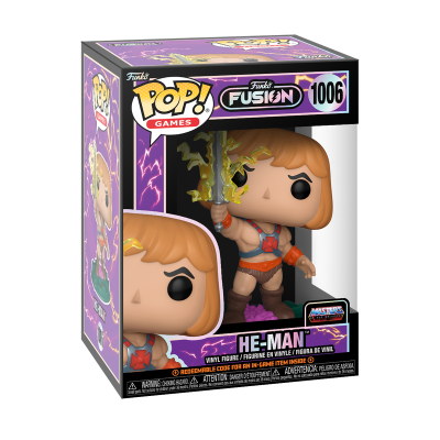 Funko Pop! He-Man em caixa com fundo roxo