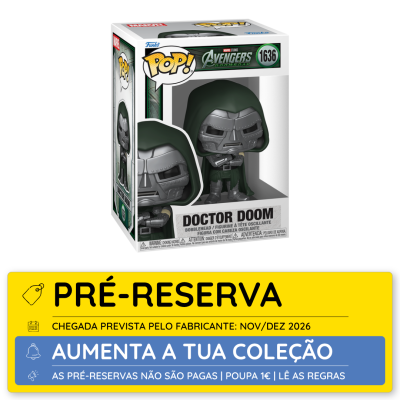 Funko Pop Doctor Doom em caixa branca com texto e números.