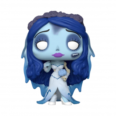 Figura Funko Pop da personagem feminina azul com vestido branco e cabelo azul escuro