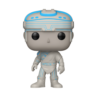 Figura Funko Pop futurista cinzento com detalhes azuis e olhos grandes pretos