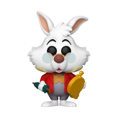 Figura Funko Pop de coelho branco com casaco vermelho e relógio de bolso dourado