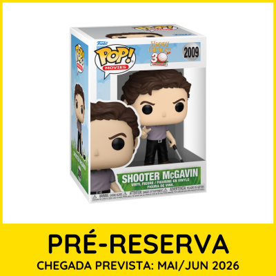 Figura Funko Pop! de Shooter McGavin em caixa com detalhes e informação de pré-reserva.
