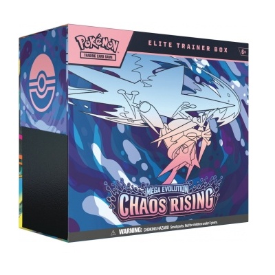 Caixa de coleção Pokémon Mega Evolution Chaos Rising em tons azuis e rosa