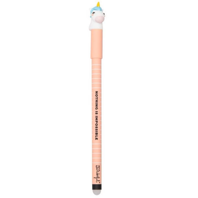 Caneta cor-de-rosa com tampa em forma de unicórnio azul e amarelo e texto em preto.