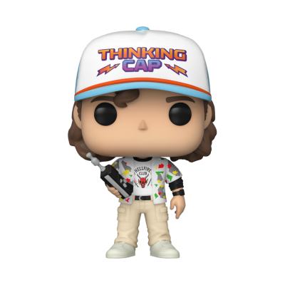Figura de vinil Funko Pop com boné branco e texto THINKING CAP, roupa casual com padrões e calças bege