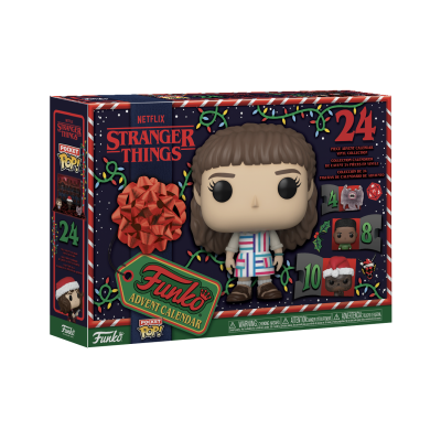 Calendário do advento Funko Pop! de Stranger Things com 24 peças colecionáveis e personagem na frente da caixa