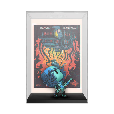 Funko Pop azul com poster Stranger Things em caixa transparente