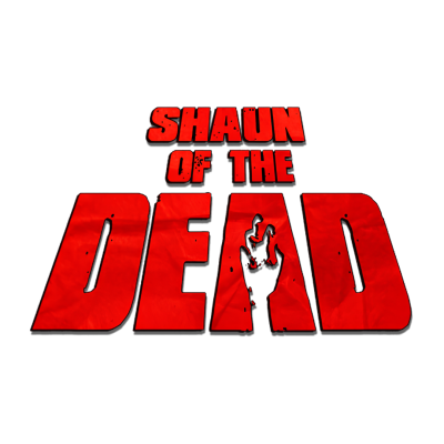 Texto SHAUN OF THE DEAD em vermelho com uma mão estilizada dentro da letra A.