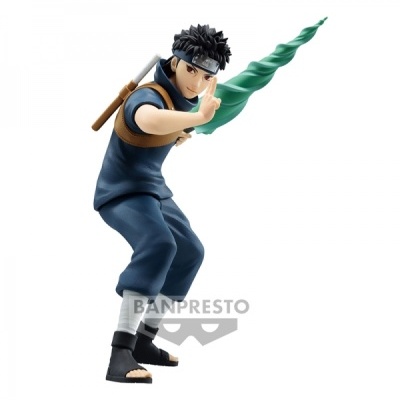 Figura coleccionável de personagem de anime com roupa azul e arma verde espiral