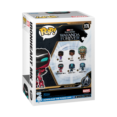 Embalagem ventral de Funko Pop Wakanda Forever Ironheart MK2 vermelho e preto