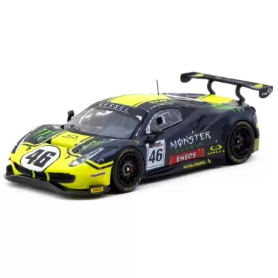 Miniatura de carro de corrida amarelo e preto com o número 46 e várias marcas