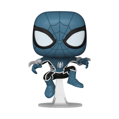 Figura Funko Pop de Homem-Aranha azul e preto em base transparente
