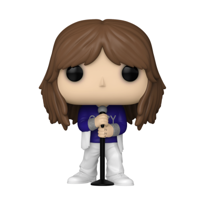 Figura Funko Pop de personagem com camisola azul e calças brancas a segurar microfone