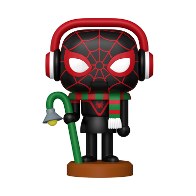 Figura Funko Pop do Homem-Aranha com auscultadores, cachecol e bengala.