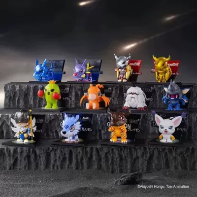 Conjunto de 12 figuras colecionáveis de Digimon em pedestal cinzento