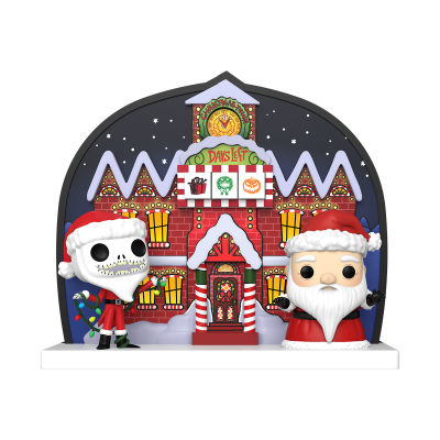 Figuras de vinil Funko Pop com gorros de Natal em frente a casa decorada com neve e luzes