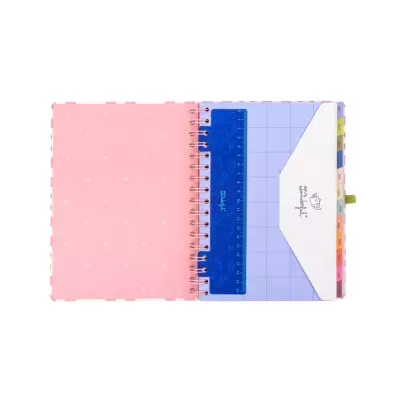 Agenda encadernada com capa transparente rosa, régua azul e envelope interno branco