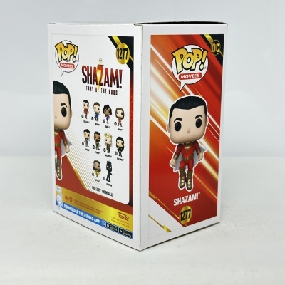 Caixa Funko Pop! Shazam! 1277 com boneco e lista de personagens da coleção