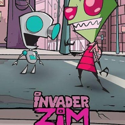 Dois personagens de desenho animado em ambiente urbano com texto Invader Zim e nickelodeon