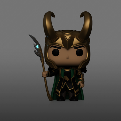 Boneco Funko Pop com capacete dourado e chifres com roupa verde e preta e cajado