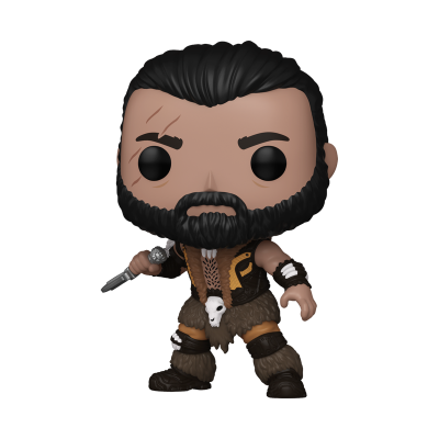 Boneco Funko Pop masculino com cabelo preto e barba, vestido com roupas castanhas e segurando uma arma prateada
