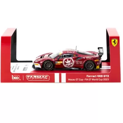 Miniatura Ferrari 488 GT3 Macau GT Cup numa embalagem vermelha